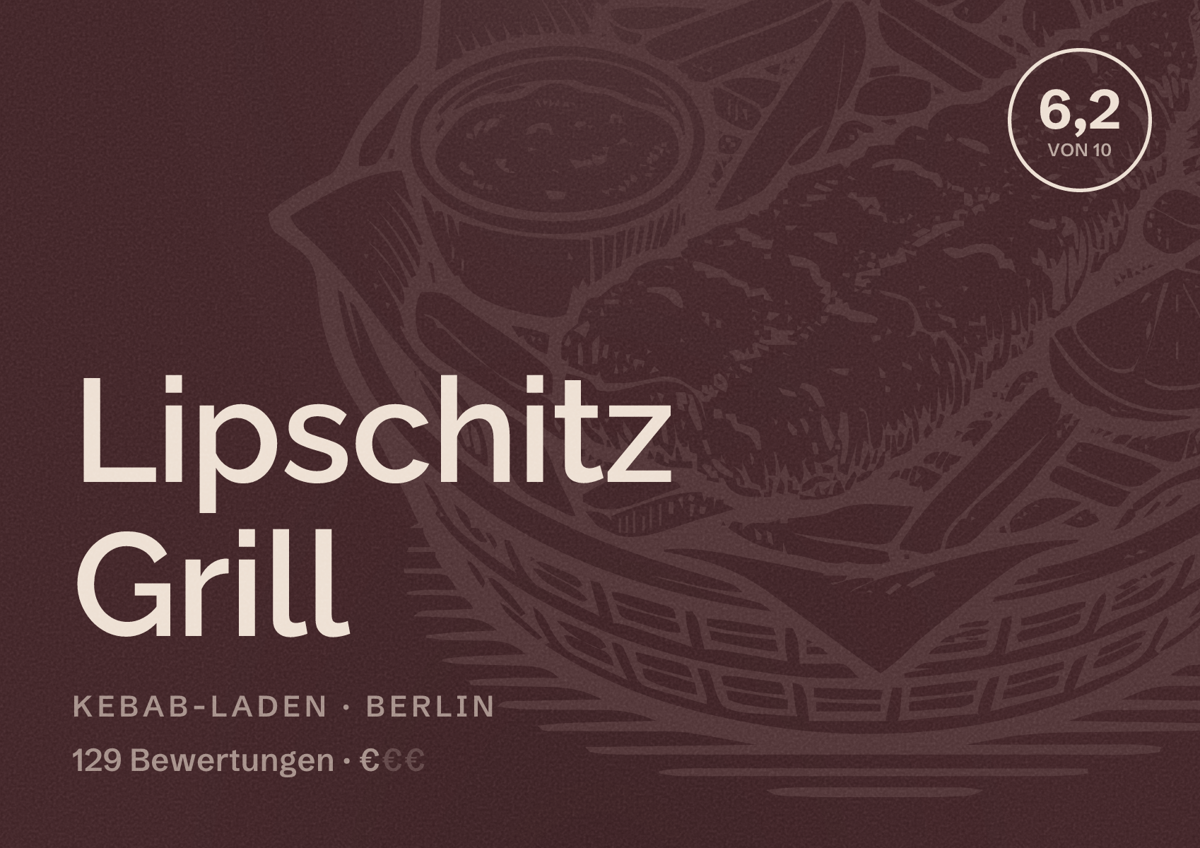 Illustriertes Poster von Lipschitz Grill, Kebab-Laden in Berlin: Bewertung 6,2 von 10 aus 129 Bewertungen, Preisniveau €