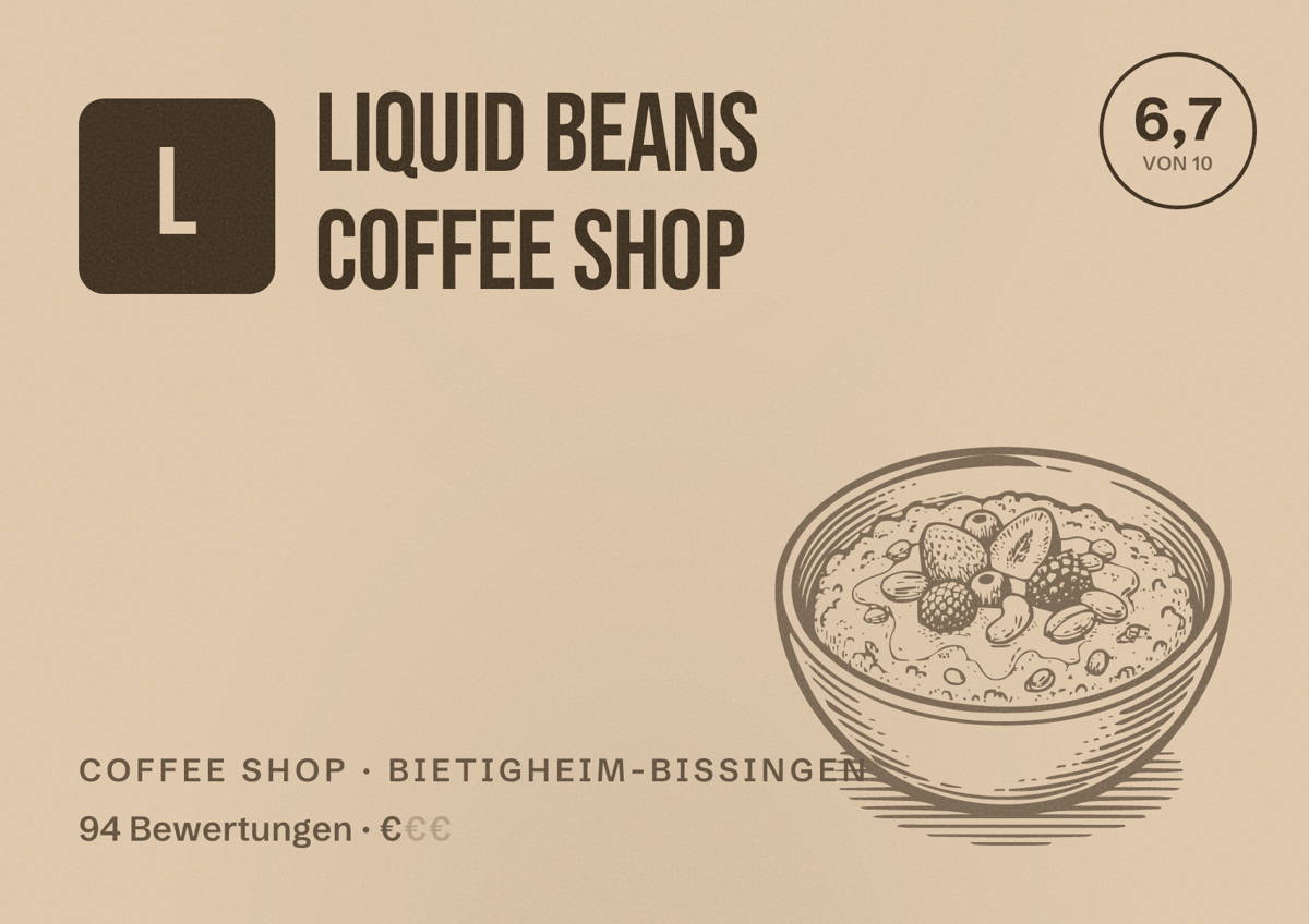 Illustriertes Poster von Liquid Beans Coffee Shop, Coffee Shop in Bietigheim-Bissingen: Bewertung 6,7 von 10 aus 94 Bewertungen, Preisniveau €