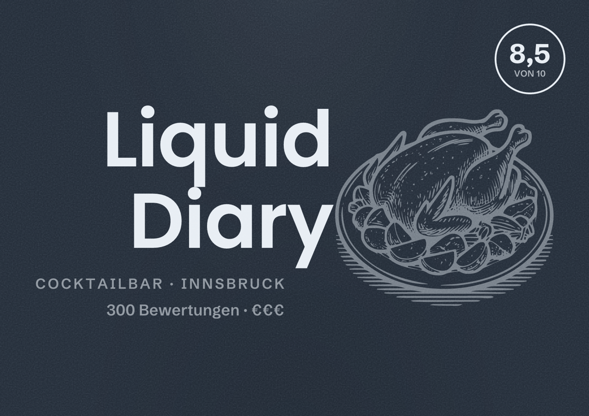 Illustriertes Poster von Liquid Diary, Cocktailbar in Innsbruck: Bewertung 8,5 von 10 aus 300 Bewertungen, Preisniveau €€€