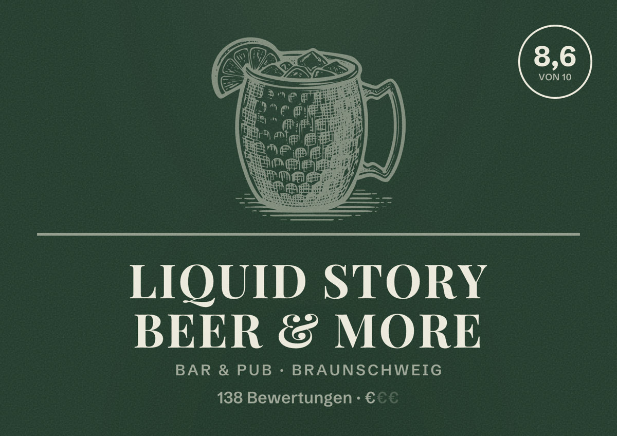 Illustriertes Poster von Liquid Story Beer & More, Bar & Pub in Braunschweig: Bewertung 8,6 von 10 aus 138 Bewertungen, Preisniveau €