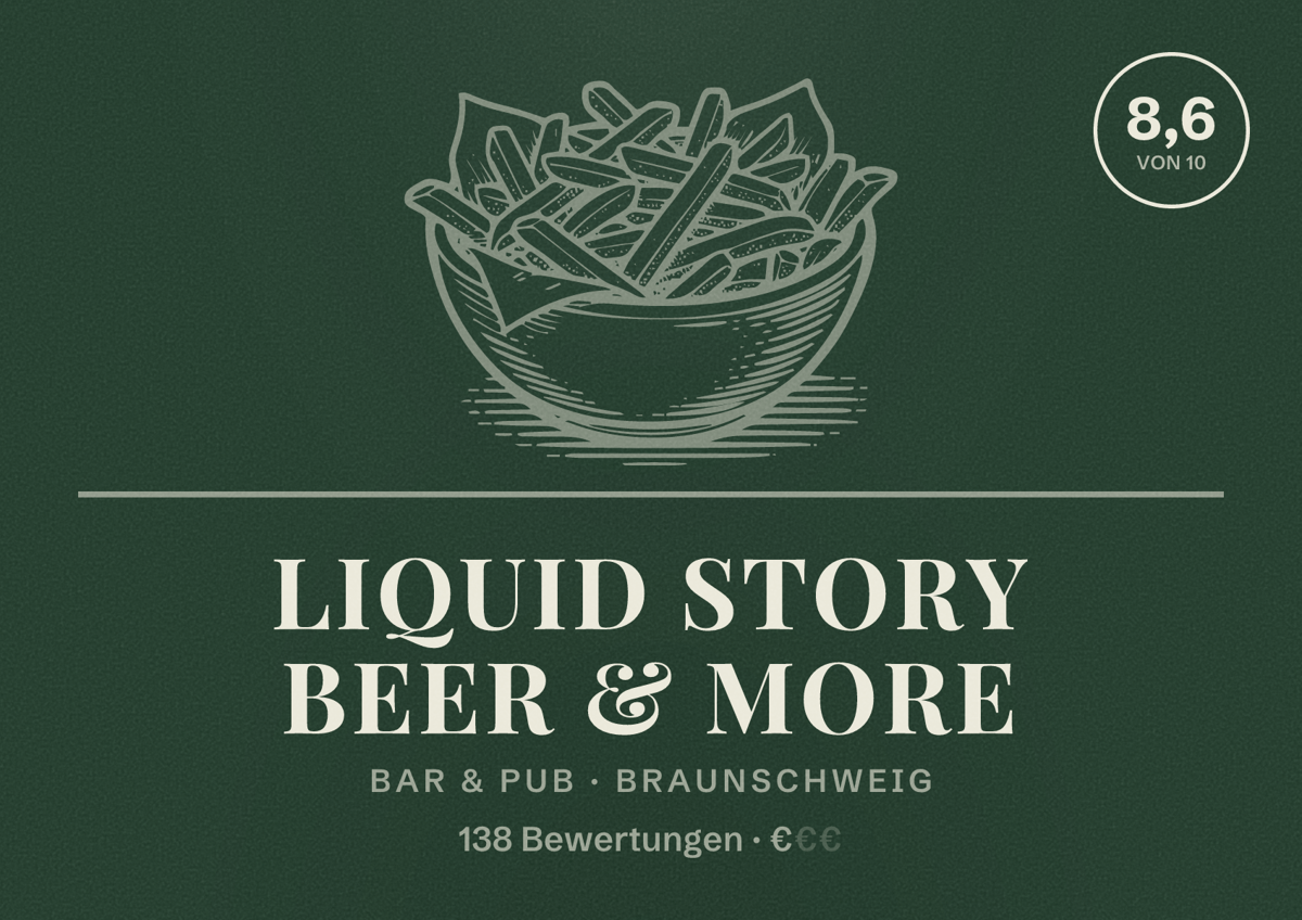 Illustriertes Poster von Liquid Story Beer & More, Bar & Pub in Braunschweig: Bewertung 8,6 von 10 aus 138 Bewertungen, Preisniveau €