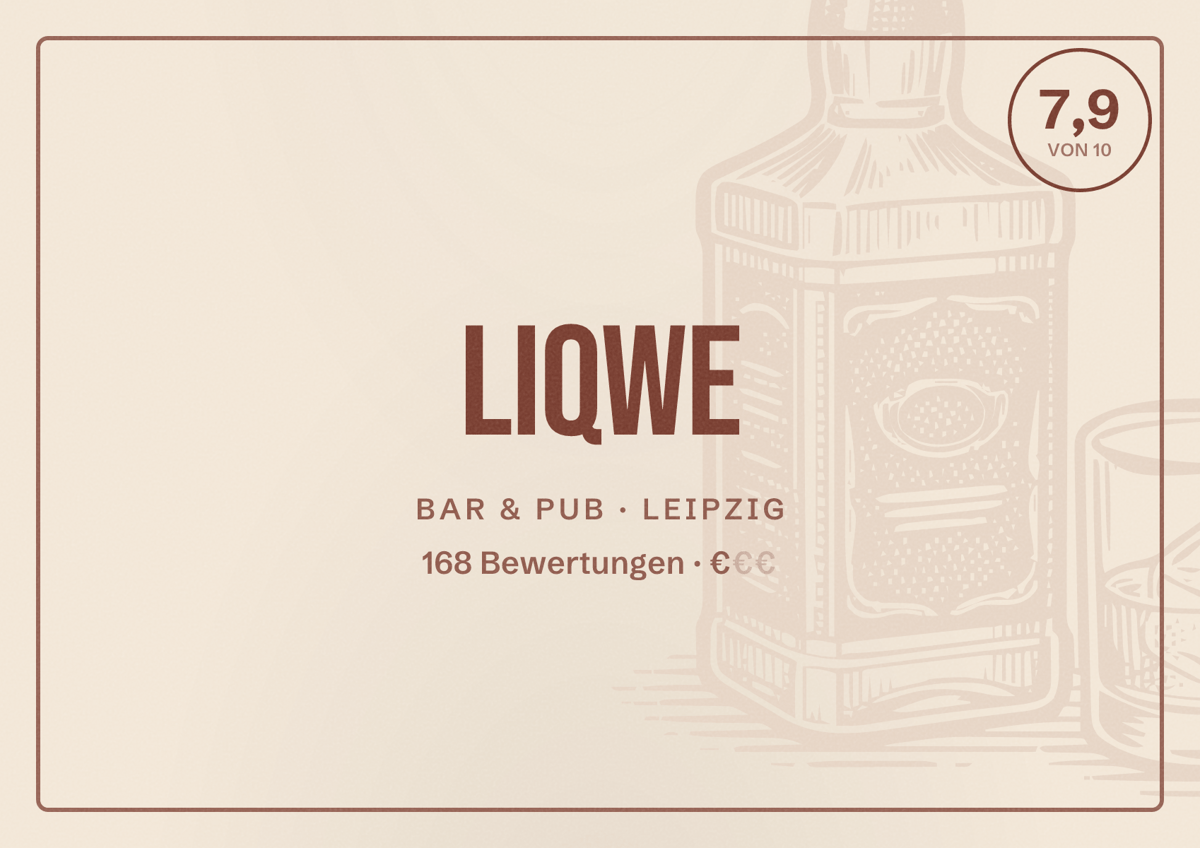 Illustriertes Poster von Liqwe, Bar & Pub in Leipzig: Bewertung 7,9 von 10 aus 168 Bewertungen, Preisniveau €