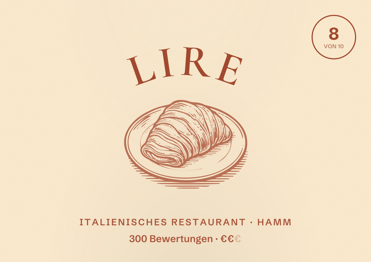Illustriertes Poster von Lire, Italienisches Restaurant in Hamm: Bewertung 8 von 10 aus 300 Bewertungen, Preisniveau €€