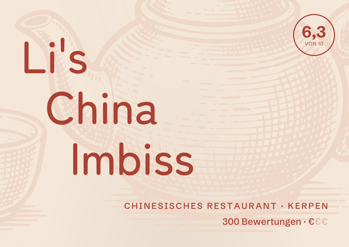 Illustriertes Poster von Li's China Imbiss, Chinesisches Restaurant in Kerpen: Bewertung 6,3 von 10 aus 300 Bewertungen, Preisniveau €