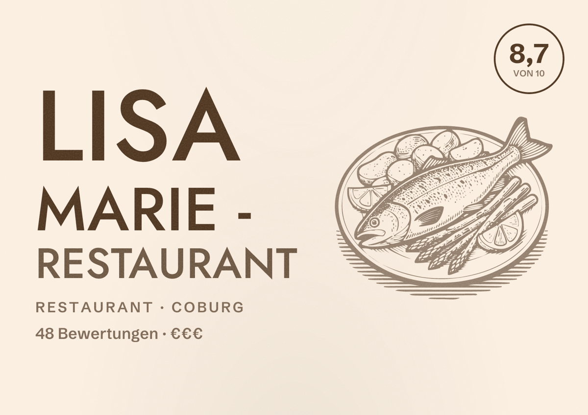Illustriertes Poster von Lisa Marie - Restaurant, Restaurant in Coburg: Bewertung 8,7 von 10 aus 48 Bewertungen, Preisniveau €€€