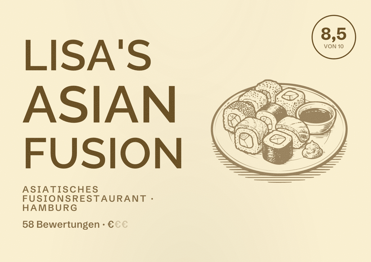 Illustriertes Poster von Lisa's Asian Fusion, Asiatisches Fusionsrestaurant in Hamburg: Bewertung 8,5 von 10 aus 58 Bewertungen, Preisniveau €