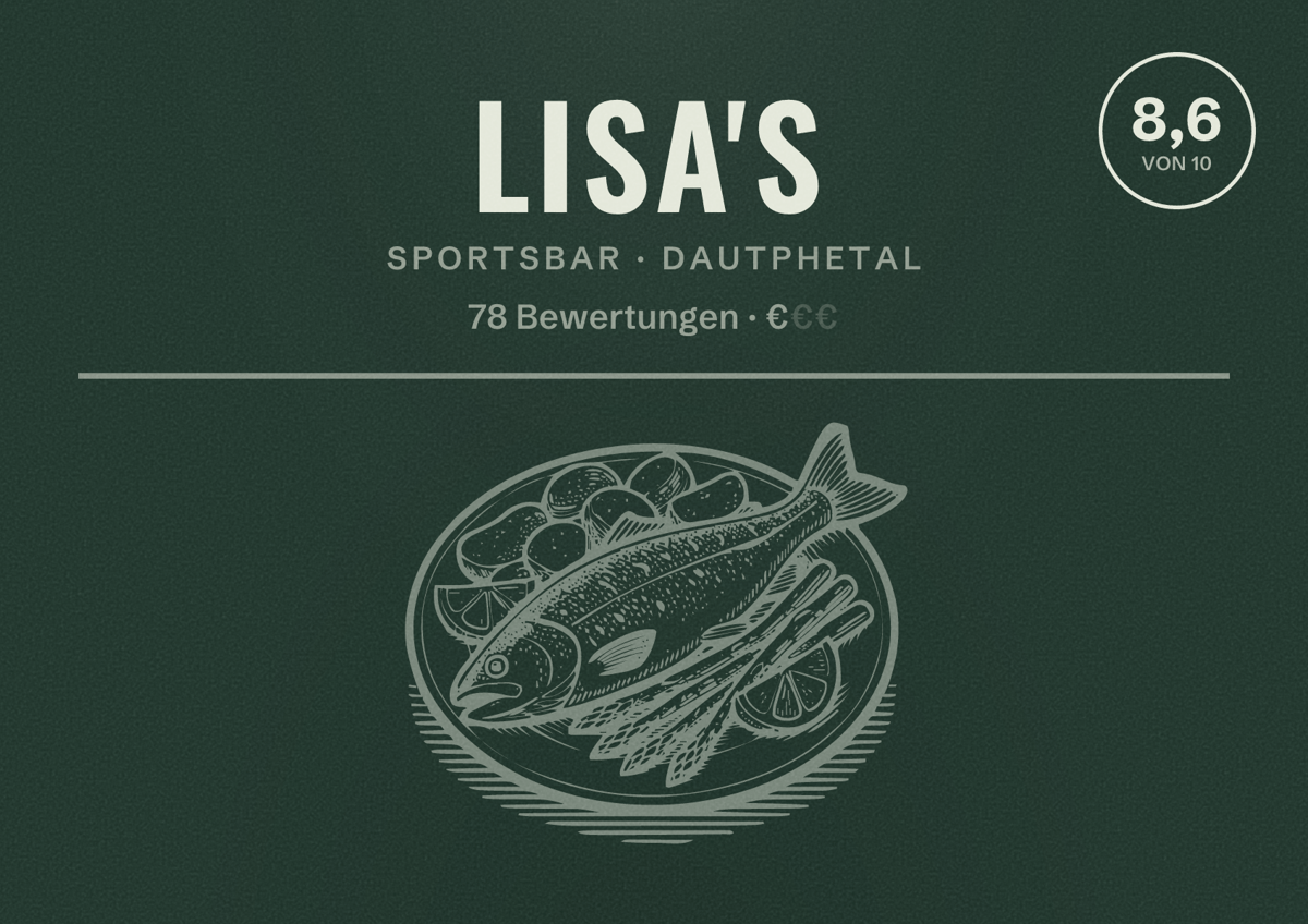 Illustriertes Poster von Lisa's, Sportsbar in Dautphetal: Bewertung 8,6 von 10 aus 78 Bewertungen, Preisniveau €
