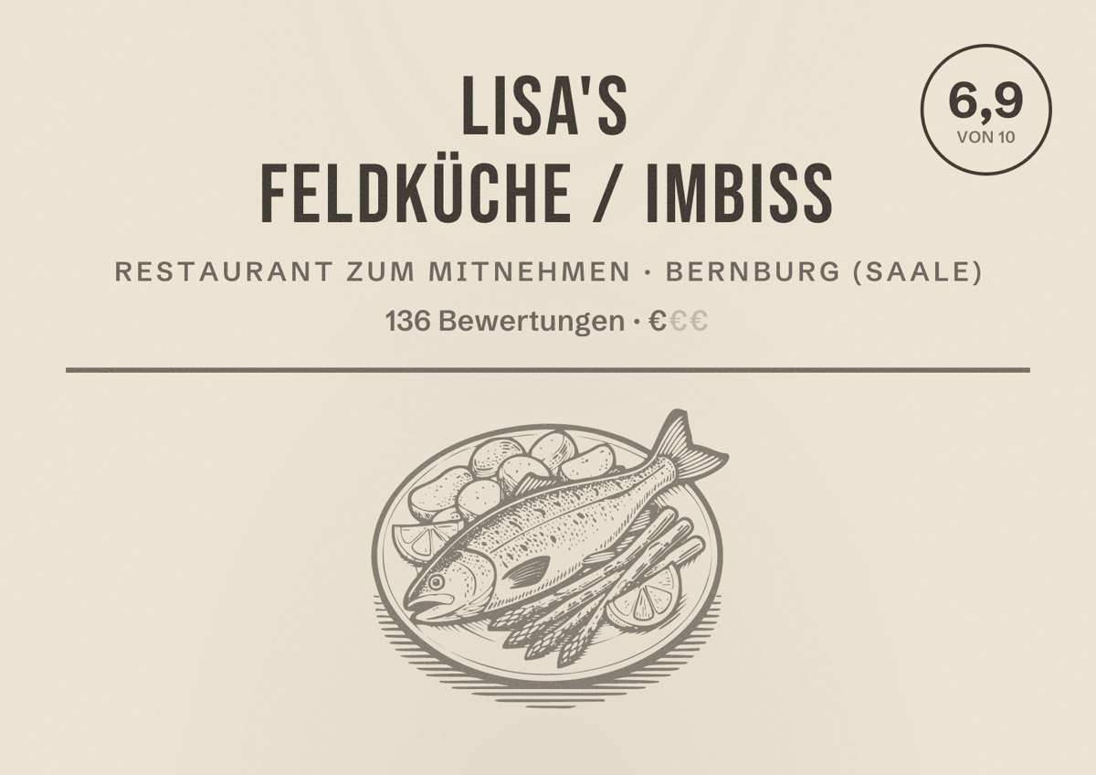 Illustriertes Poster von Lisa's Feldküche / Imbiss, Restaurant zum Mitnehmen in Bernburg (Saale): Bewertung 6,9 von 10 aus 136 Bewertungen, Preisniveau €