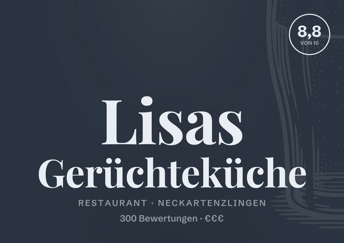 Illustriertes Poster von Lisas Gerüchteküche, Restaurant in Neckartenzlingen: Bewertung 8,8 von 10 aus 300 Bewertungen, Preisniveau €€€