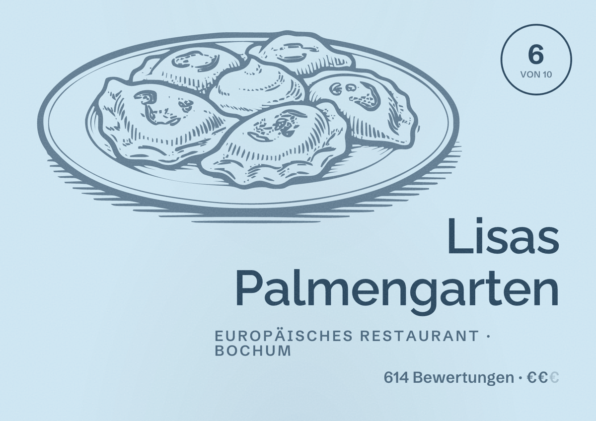 Illustriertes Poster von Lisas Palmengarten, Europäisches Restaurant in Bochum: Bewertung 6 von 10 aus 614 Bewertungen, Preisniveau €€