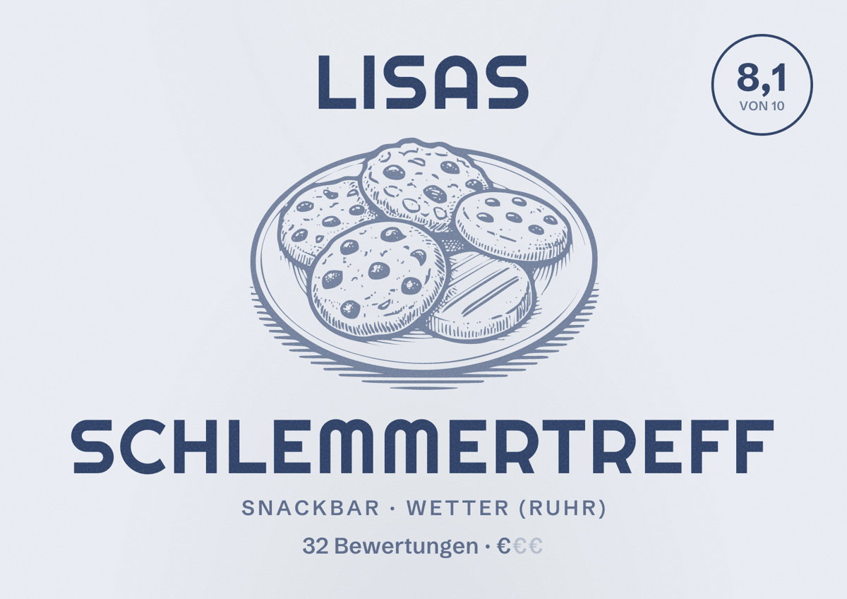 Illustriertes Poster von Lisas Schlemmertreff, Snackbar in Wetter (Ruhr): Bewertung 8,1 von 10 aus 32 Bewertungen, Preisniveau €
