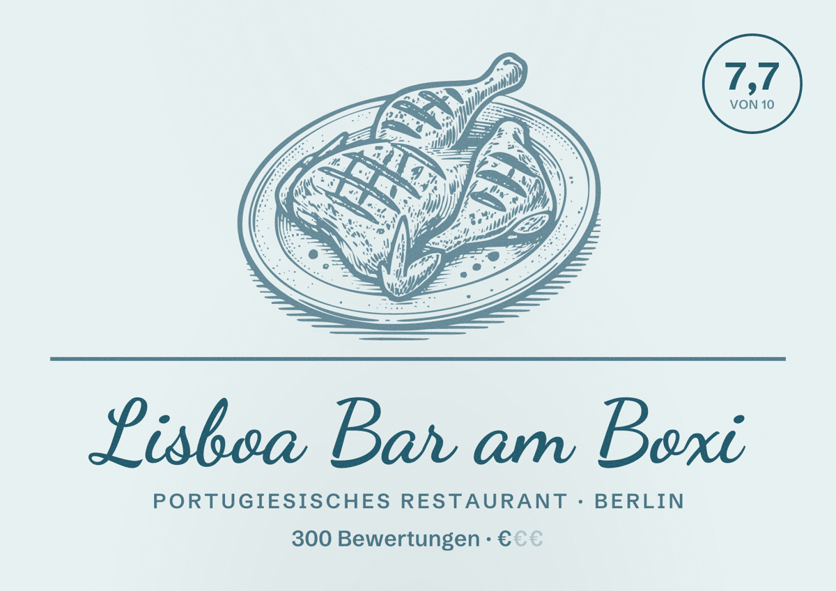 Illustriertes Poster von Lisboa Bar am Boxi, Portugiesisches Restaurant in Berlin: Bewertung 7,7 von 10 aus 300 Bewertungen, Preisniveau €