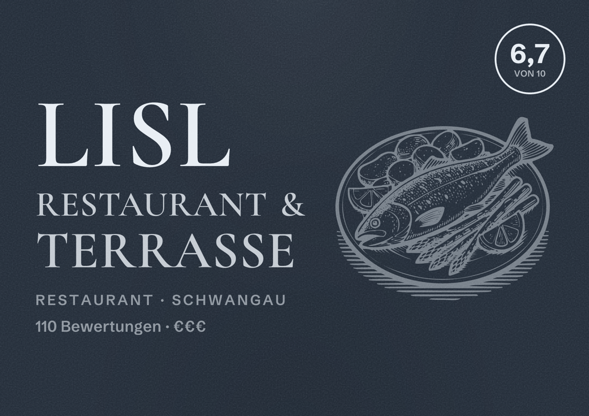 Illustriertes Poster von Lisl Restaurant & Terrasse, Restaurant in Schwangau: Bewertung 6,7 von 10 aus 110 Bewertungen, Preisniveau €€€