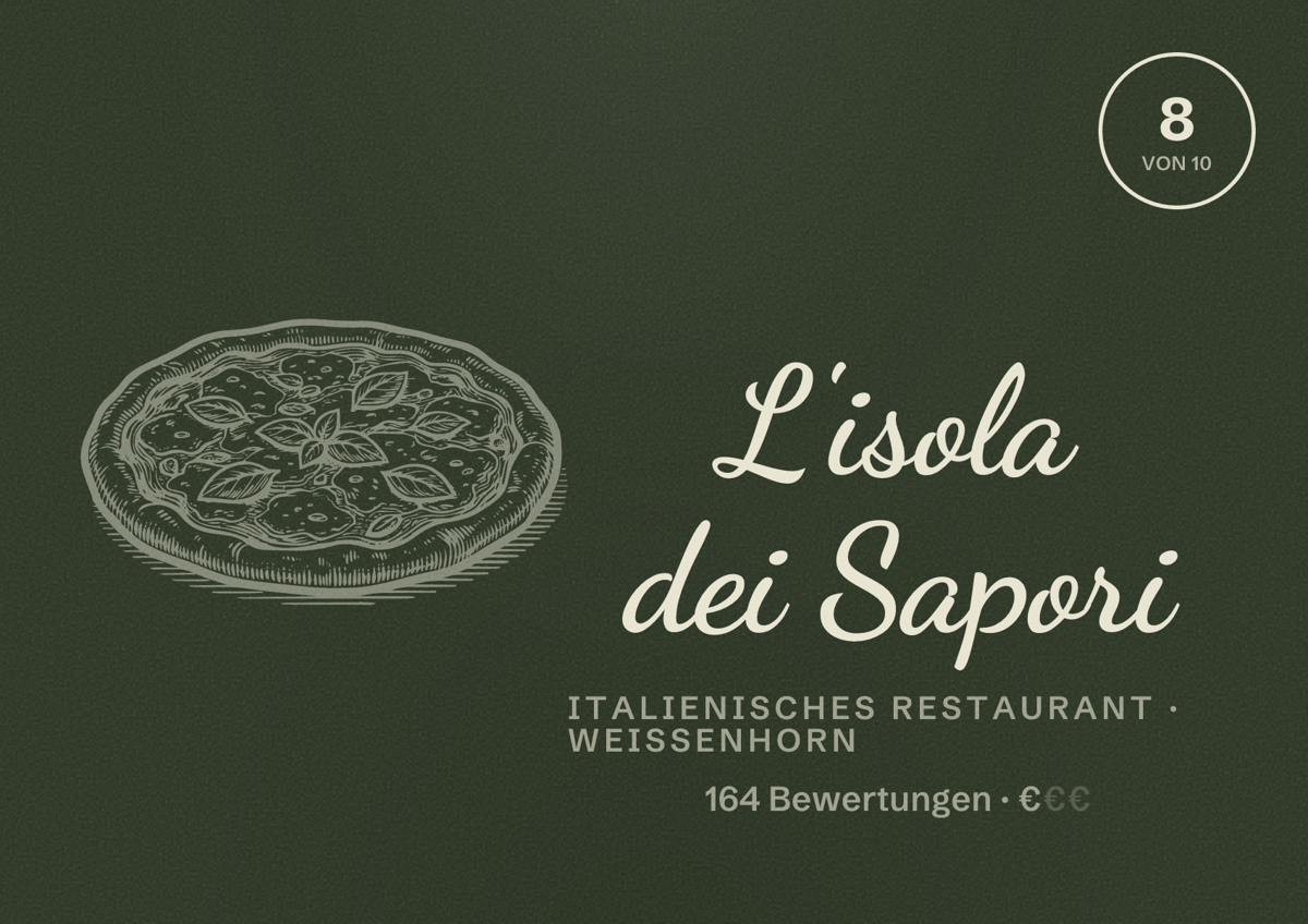 Illustriertes Poster von L'isola dei Sapori, Italienisches Restaurant in Weißenhorn: Bewertung 8 von 10 aus 164 Bewertungen, Preisniveau €