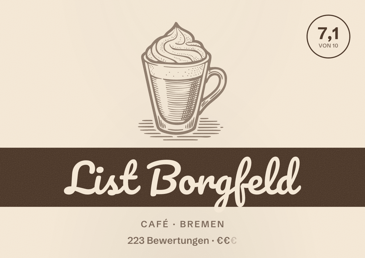 Illustriertes Poster von List Borgfeld, Café in Bremen: Bewertung 7,1 von 10 aus 223 Bewertungen, Preisniveau €€