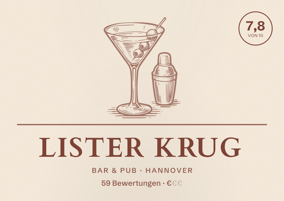 Illustriertes Poster von Lister Krug, Bar & Pub in Hannover: Bewertung 7,8 von 10 aus 59 Bewertungen, Preisniveau €