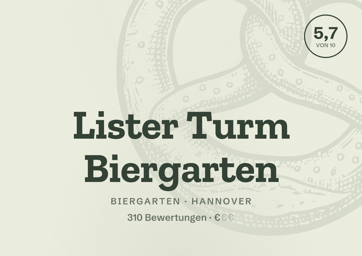Illustriertes Poster von Lister Turm Biergarten, Biergarten in Hannover: Bewertung 5,7 von 10 aus 310 Bewertungen, Preisniveau €