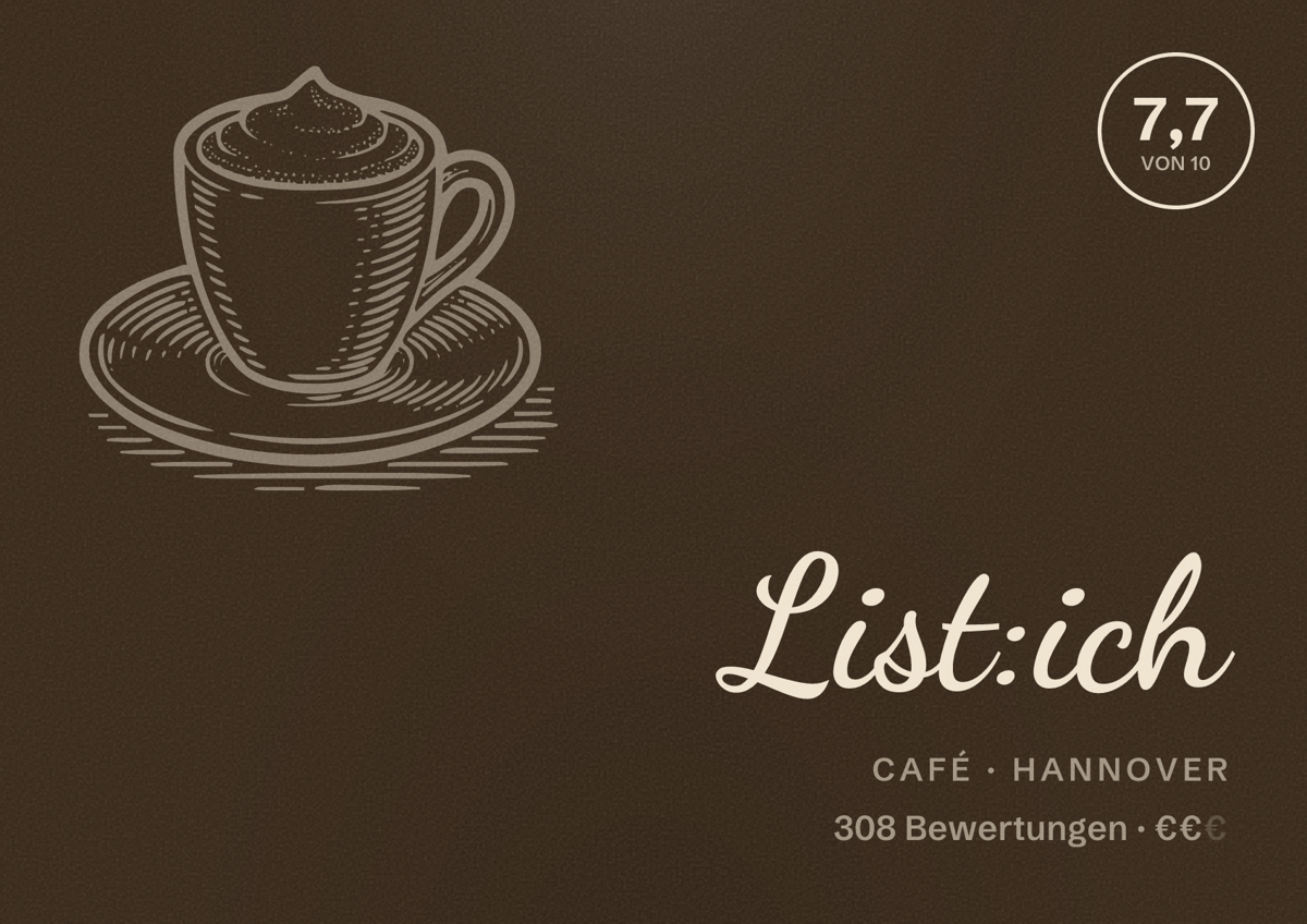 Illustriertes Poster von List:ich, Café in Hannover: Bewertung 7,7 von 10 aus 308 Bewertungen, Preisniveau €€