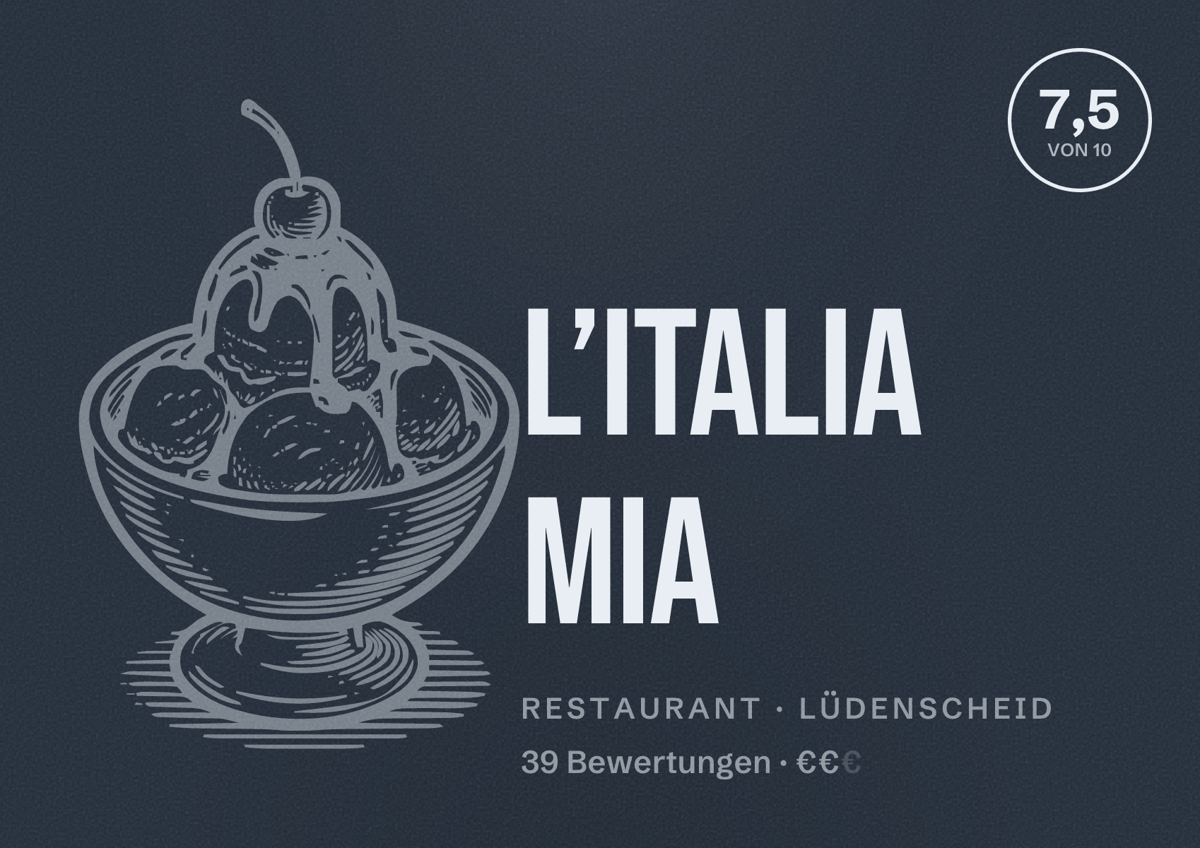 Illustriertes Poster von L’Italia mia, Restaurant in Lüdenscheid: Bewertung 7,5 von 10 aus 39 Bewertungen, Preisniveau €€