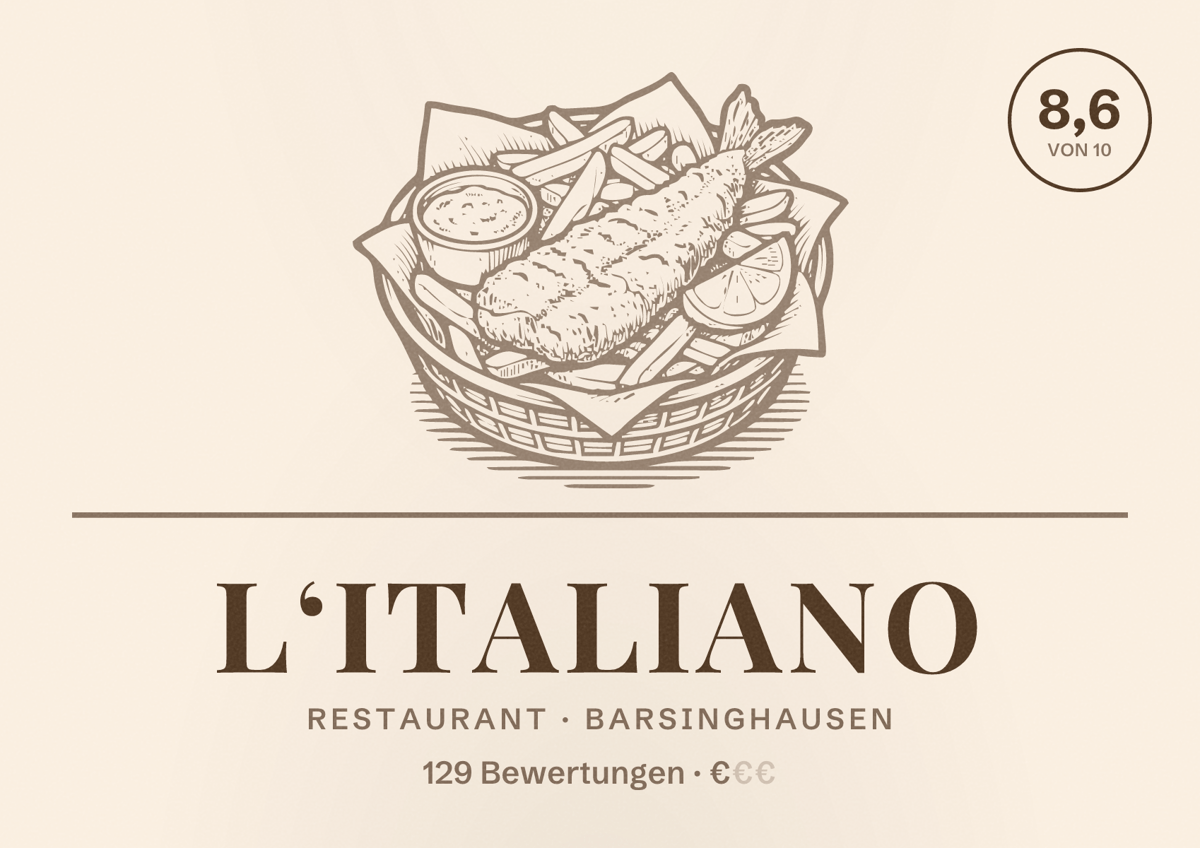 Illustriertes Poster von L‘italiano, Restaurant in Barsinghausen: Bewertung 8,6 von 10 aus 129 Bewertungen, Preisniveau €