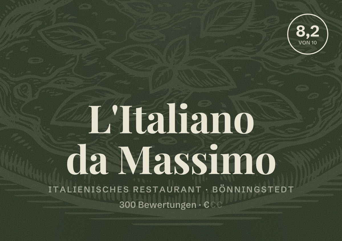 Illustriertes Poster von L'Italiano da Massimo, Italienisches Restaurant in Bönningstedt: Bewertung 8,2 von 10 aus 300 Bewertungen, Preisniveau €