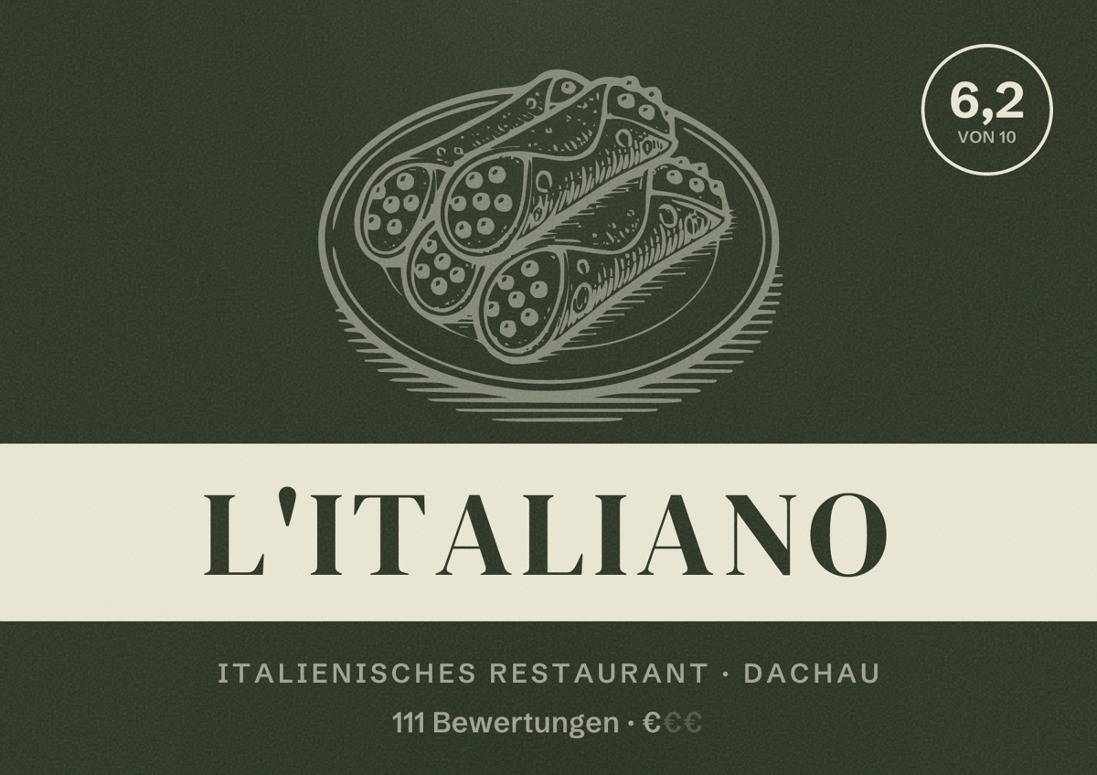 Illustriertes Poster von L'Italiano, Italienisches Restaurant in Dachau: Bewertung 6,2 von 10 aus 111 Bewertungen, Preisniveau €