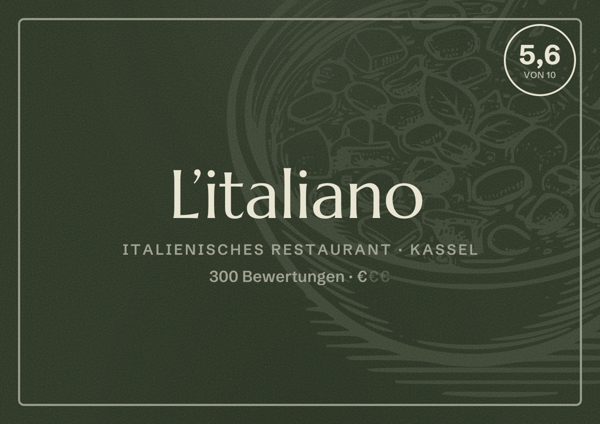 Illustriertes Poster von L’italiano, Italienisches Restaurant in Kassel: Bewertung 5,6 von 10 aus 300 Bewertungen, Preisniveau €