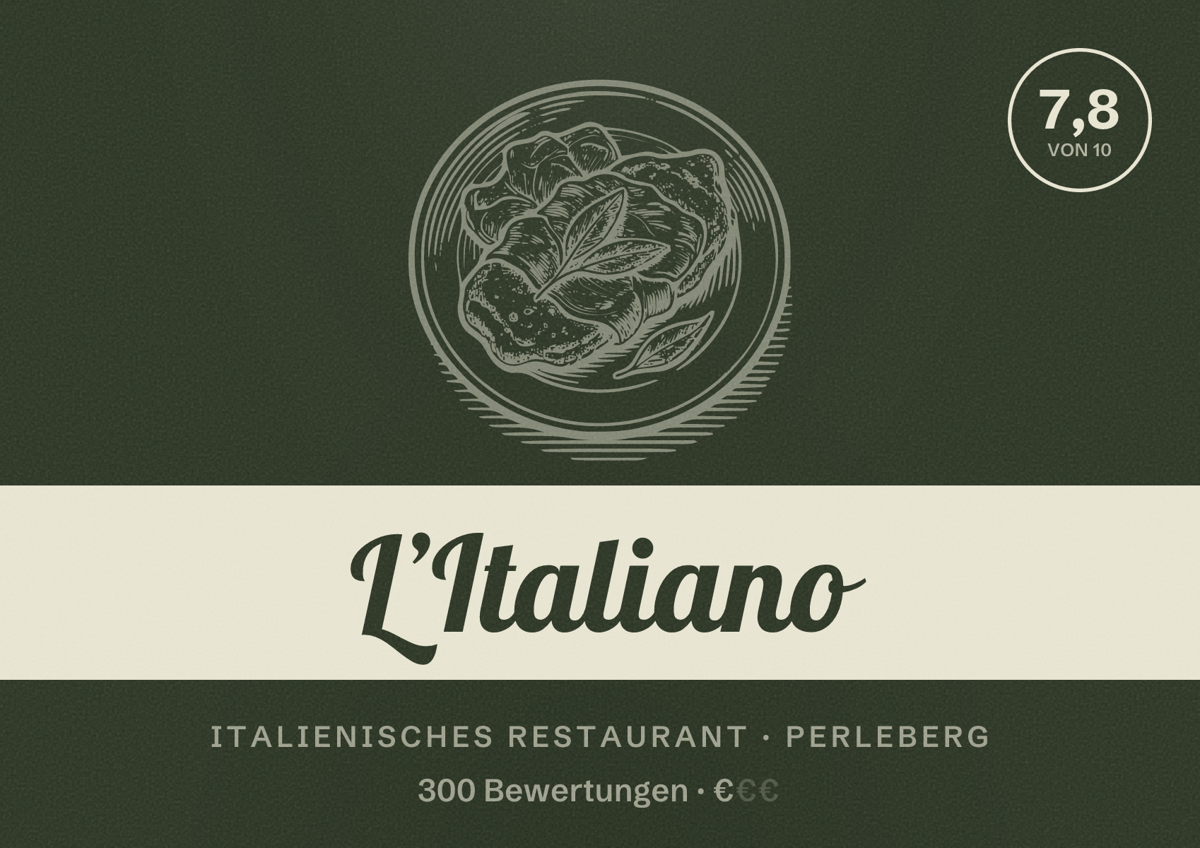 Illustriertes Poster von L’Italiano, Italienisches Restaurant in Perleberg: Bewertung 7,8 von 10 aus 300 Bewertungen, Preisniveau €