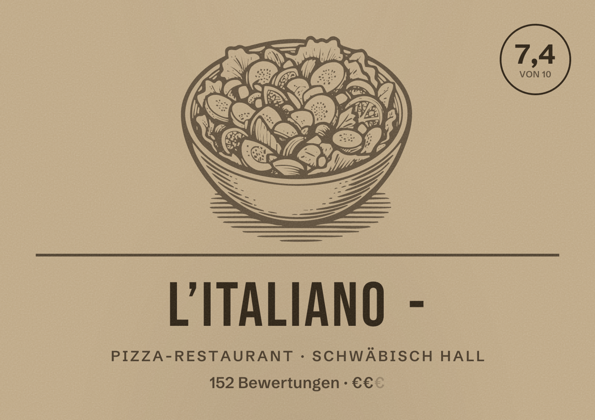 Illustriertes Poster von L’Italiano -, Pizza-Restaurant in Schwäbisch Hall: Bewertung 7,4 von 10 aus 152 Bewertungen, Preisniveau €€