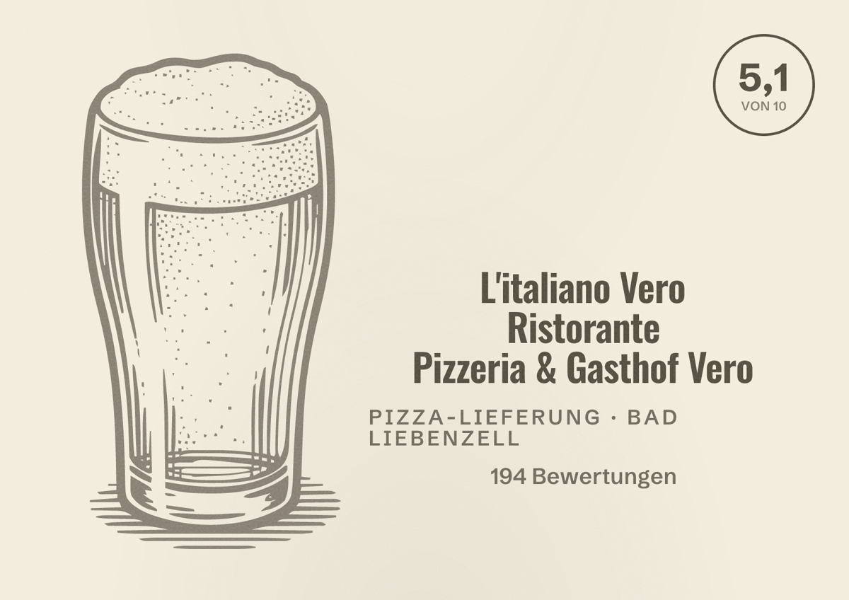 Illustriertes Poster von L'italiano Vero Ristorante Pizzeria & Gasthof Vero, Pizza-Lieferung in Bad Liebenzell: Bewertung 5,1 von 10 aus 194 Bewertungen