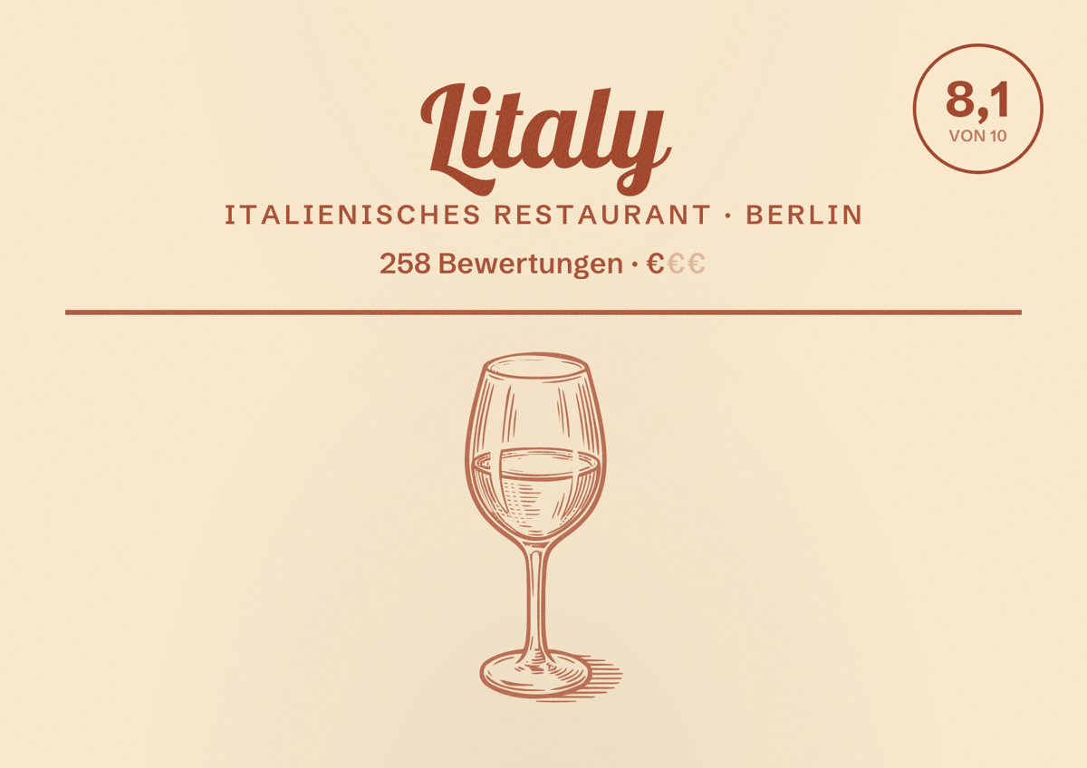 Illustriertes Poster von Litaly, Italienisches Restaurant in Berlin: Bewertung 8,1 von 10 aus 258 Bewertungen, Preisniveau €