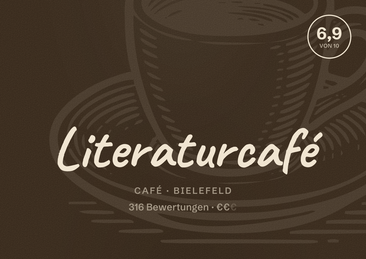 Illustriertes Poster von Literaturcafé, Café in Bielefeld: Bewertung 6,9 von 10 aus 316 Bewertungen, Preisniveau €€