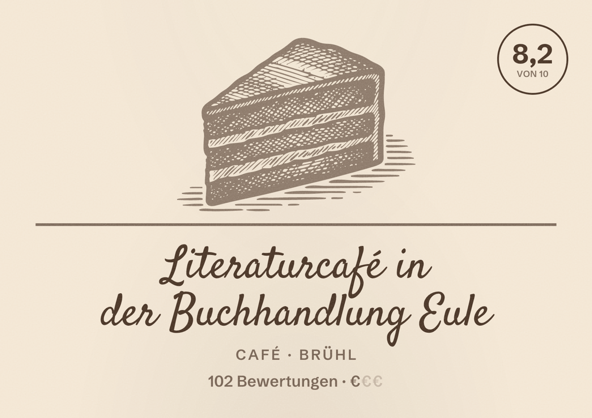 Illustriertes Poster von Literaturcafé in der Buchhandlung Eule, Café in Brühl: Bewertung 8,2 von 10 aus 102 Bewertungen, Preisniveau €