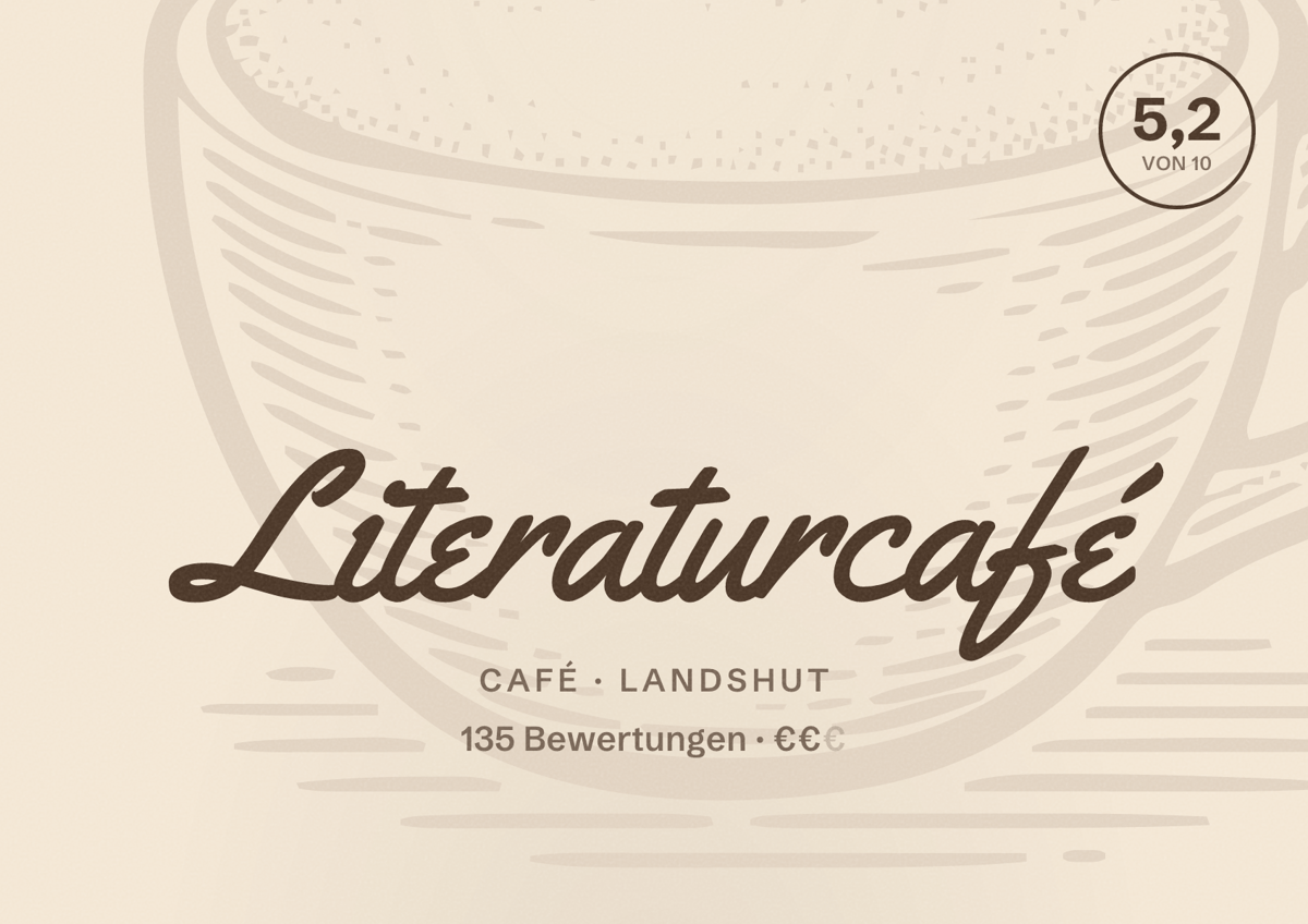 Illustriertes Poster von Literaturcafé, Café in Landshut: Bewertung 5,2 von 10 aus 135 Bewertungen, Preisniveau €€