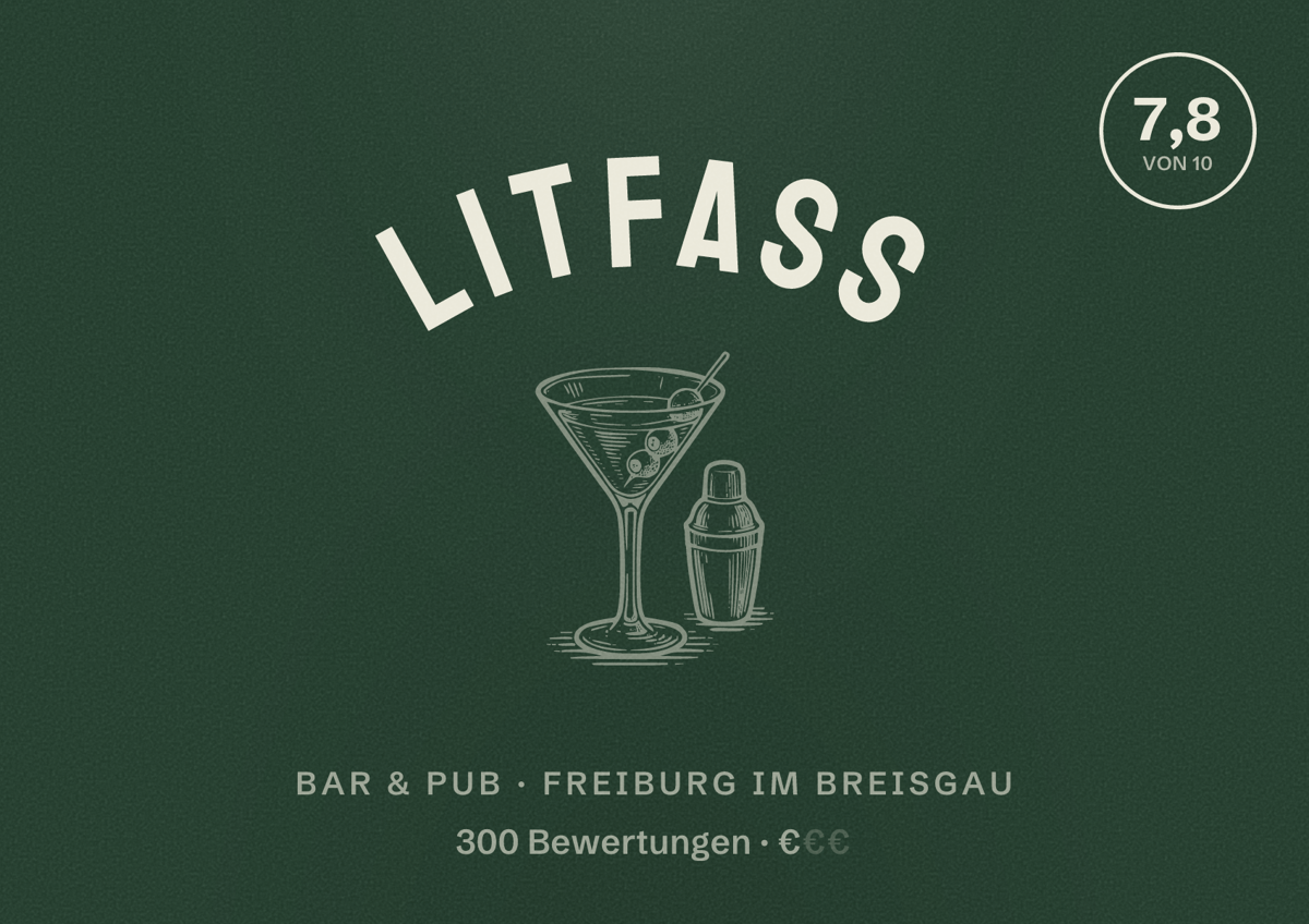 Illustriertes Poster von Litfass, Bar & Pub in Freiburg im Breisgau: Bewertung 7,8 von 10 aus 300 Bewertungen, Preisniveau €