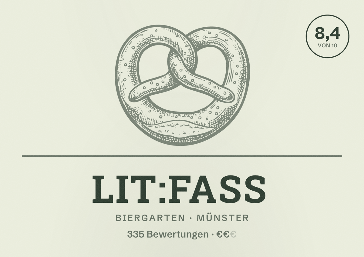 Illustriertes Poster von Lit:fass, Biergarten in Münster: Bewertung 8,4 von 10 aus 335 Bewertungen, Preisniveau €€