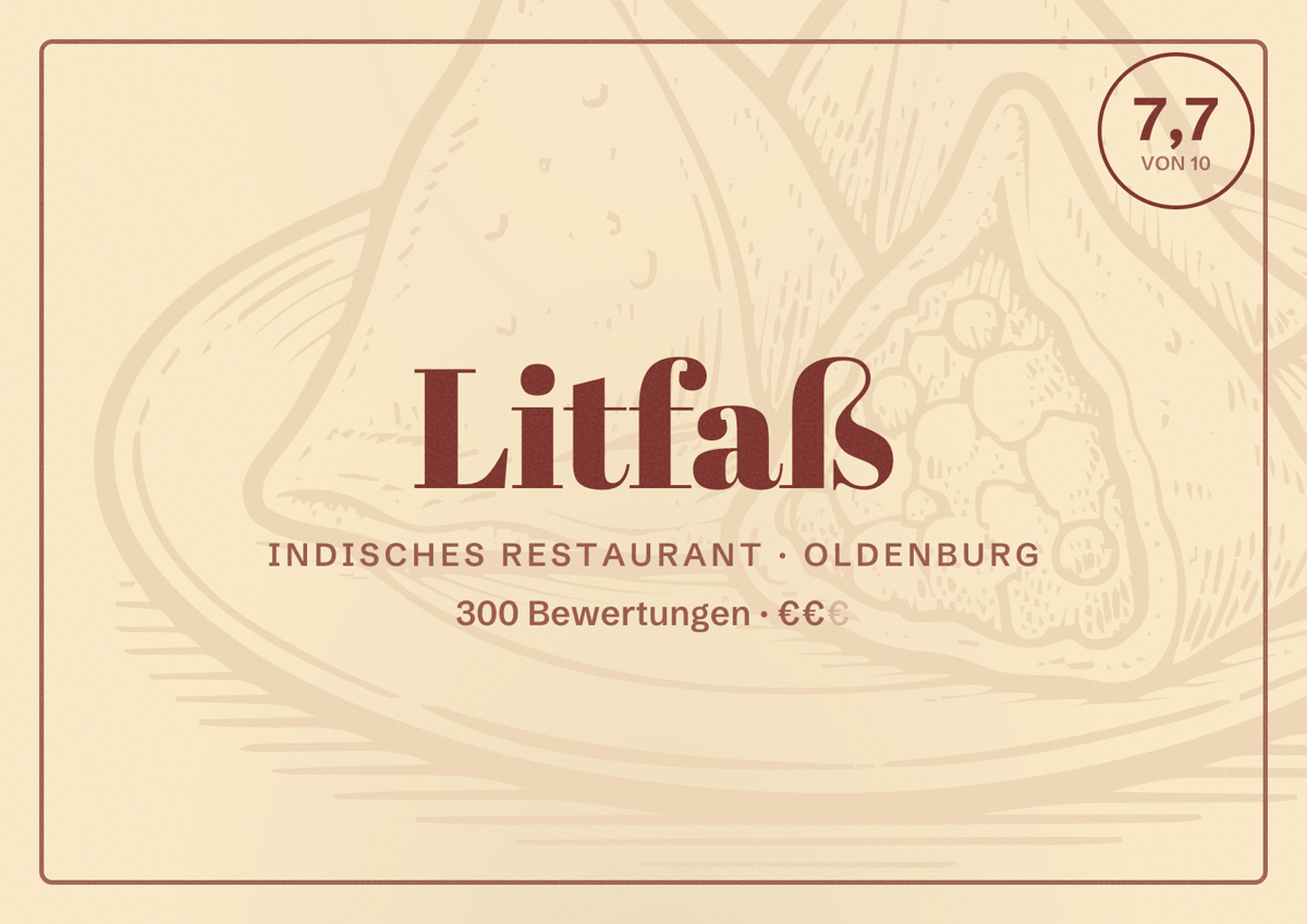 Illustriertes Poster von Litfaß, Indisches Restaurant in Oldenburg: Bewertung 7,7 von 10 aus 300 Bewertungen, Preisniveau €€