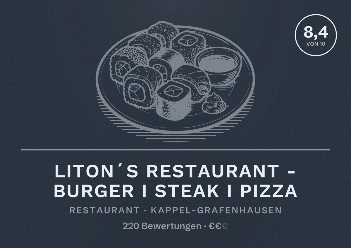 Illustriertes Poster von LITON´S Restaurant - Burger I Steak I Pizza, Restaurant in Kappel-Grafenhausen: Bewertung 8,4 von 10 aus 220 Bewertungen, Preisniveau €€