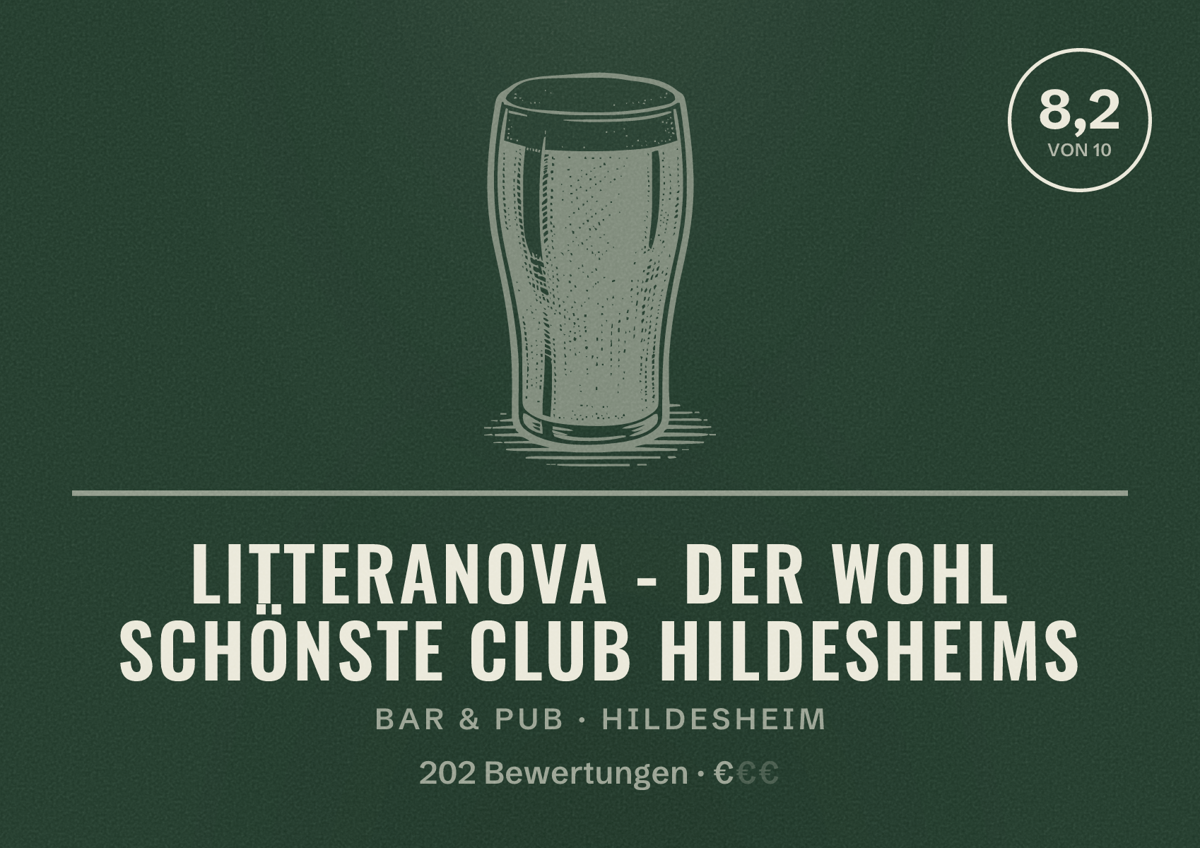 Illustriertes Poster von LitteraNova - Der wohl schönste Club Hildesheims, Bar & Pub in Hildesheim: Bewertung 8,2 von 10 aus 202 Bewertungen, Preisniveau €