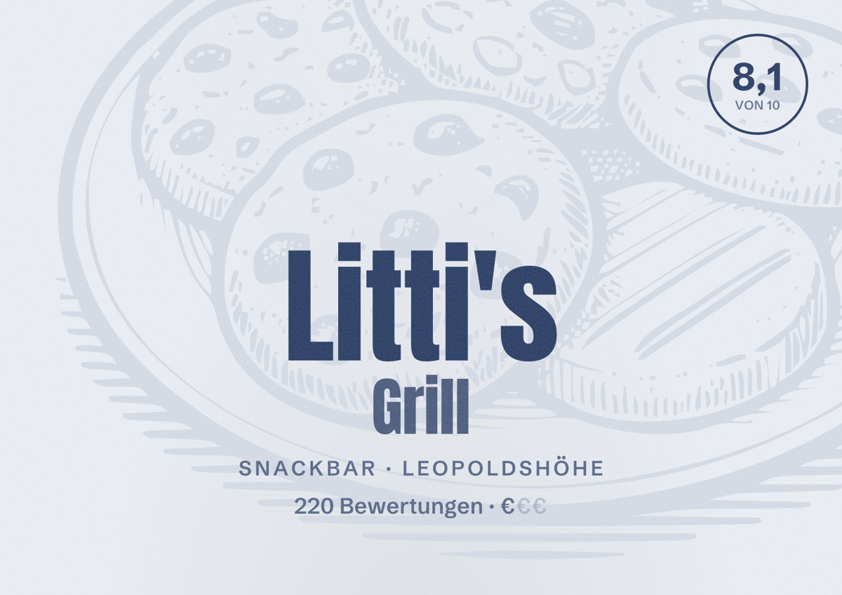 Illustriertes Poster von Litti's Grill, Snackbar in Leopoldshöhe: Bewertung 8,1 von 10 aus 220 Bewertungen, Preisniveau €