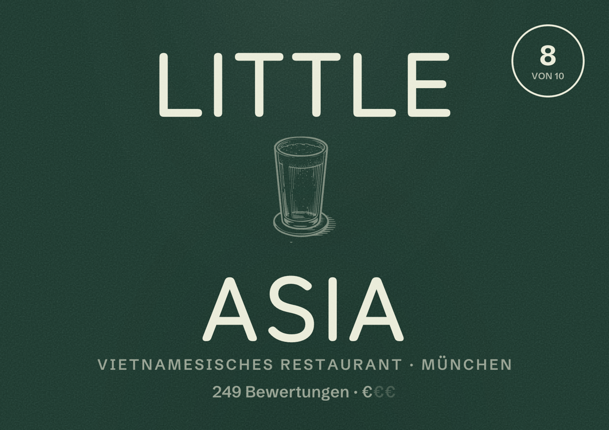 Illustriertes Poster von Little Asia, Vietnamesisches Restaurant in München: Bewertung 8,0 von 10 aus 249 Bewertungen, Preisniveau €