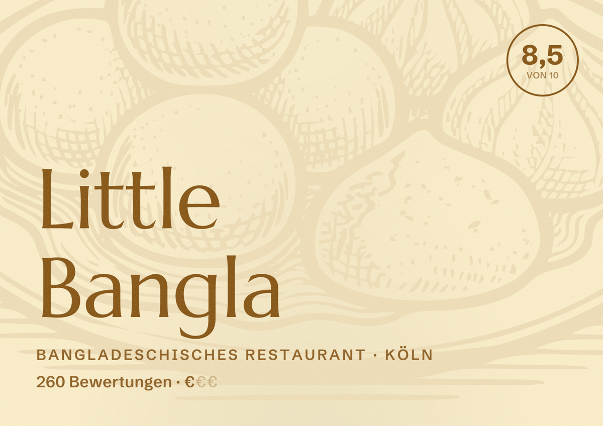 Illustriertes Poster von Little Bangla, Bangladeschisches Restaurant in Köln: Bewertung 8,5 von 10 aus 260 Bewertungen, Preisniveau €