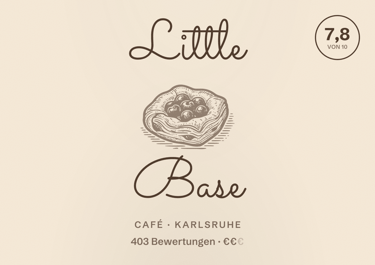Illustriertes Poster von Little Base, Café in Karlsruhe: Bewertung 7,8 von 10 aus 403 Bewertungen, Preisniveau €€
