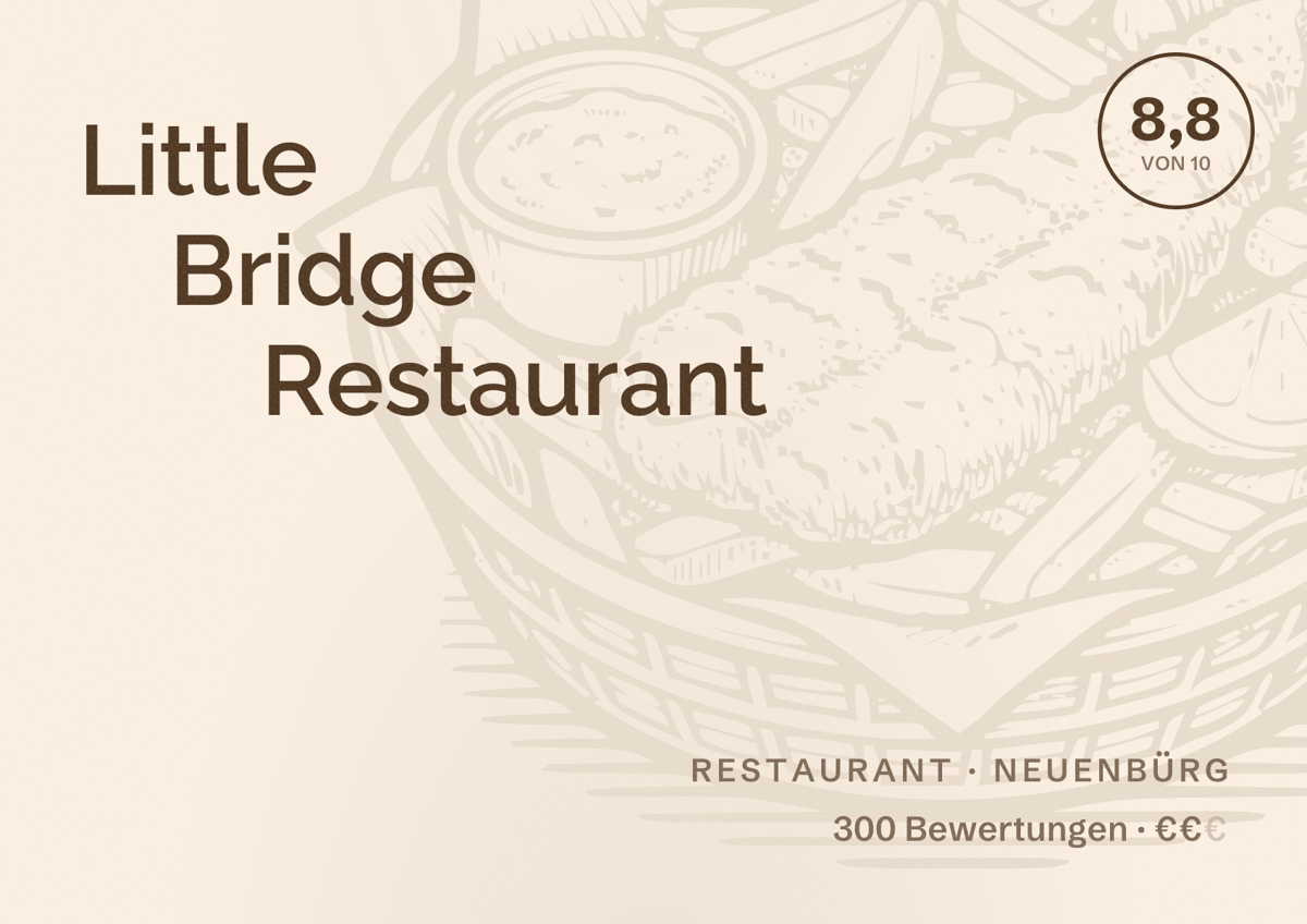 Illustriertes Poster von Little Bridge Restaurant, Restaurant in Neuenbürg: Bewertung 8,8 von 10 aus 300 Bewertungen, Preisniveau €€