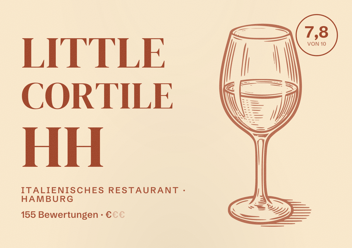 Illustriertes Poster von Little Cortile HH, Italienisches Restaurant in Hamburg: Bewertung 7,8 von 10 aus 155 Bewertungen, Preisniveau €