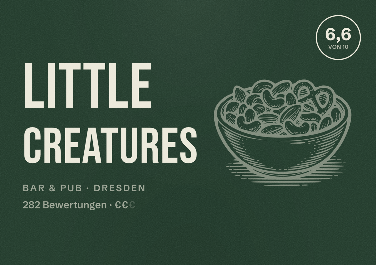 Illustriertes Poster von Little Creatures, Bar & Pub in Dresden: Bewertung 6,6 von 10 aus 282 Bewertungen, Preisniveau €€