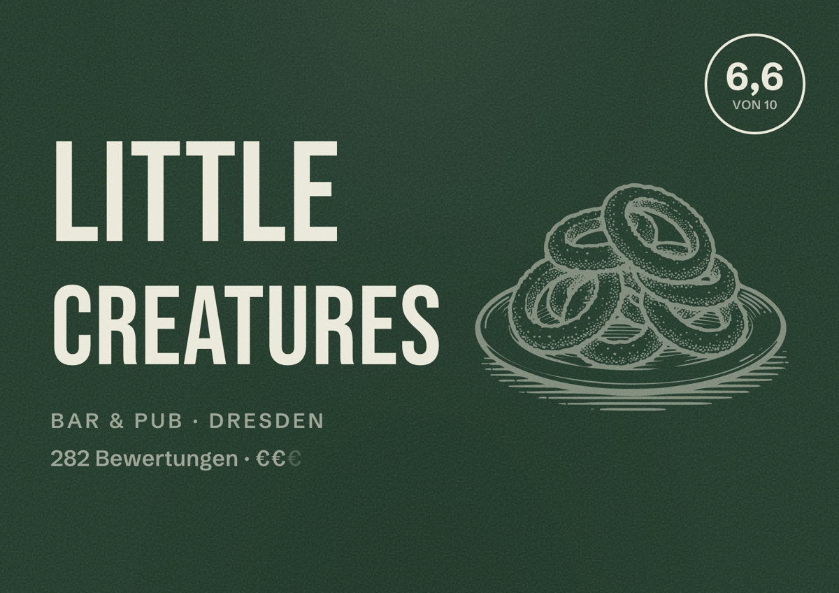 Illustriertes Poster von Little Creatures, Bar & Pub in Dresden: Bewertung 6,6 von 10 aus 282 Bewertungen, Preisniveau €€