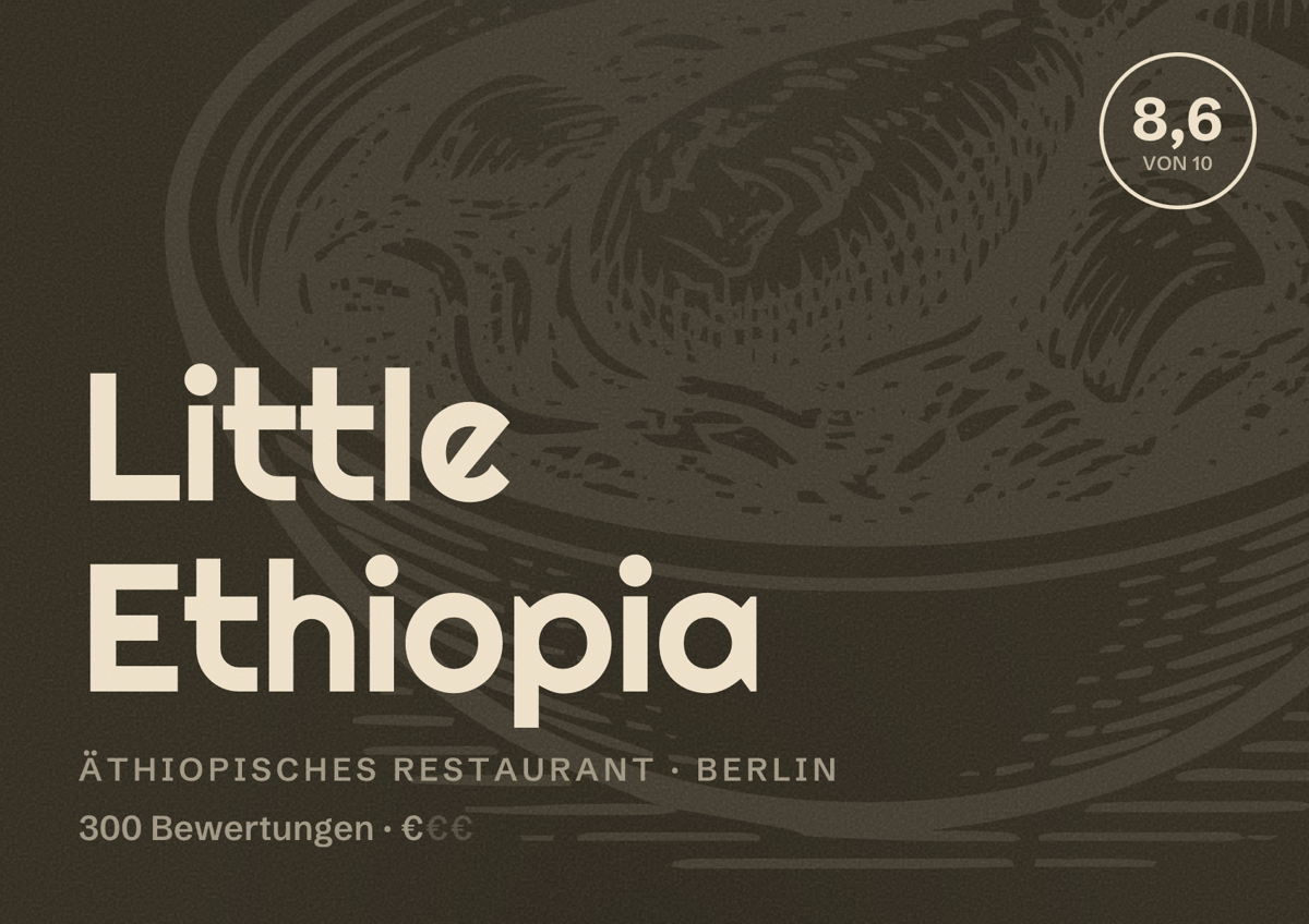 Illustriertes Poster von Little Ethiopia, Äthiopisches Restaurant in Berlin: Bewertung 8,6 von 10 aus 300 Bewertungen, Preisniveau €