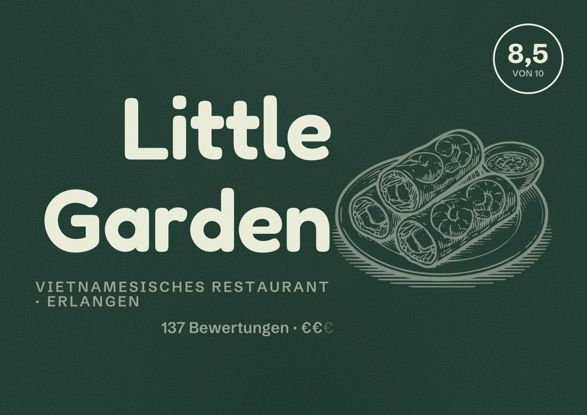 Illustriertes Poster von Little Garden, Vietnamesisches Restaurant in Erlangen: Bewertung 8,5 von 10 aus 137 Bewertungen, Preisniveau €€