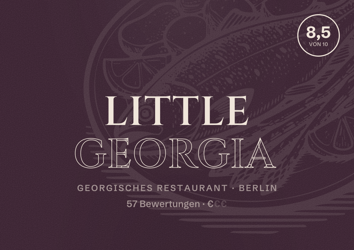 Illustriertes Poster von Little Georgia, Georgisches Restaurant in Berlin: Bewertung 8,5 von 10 aus 57 Bewertungen, Preisniveau €